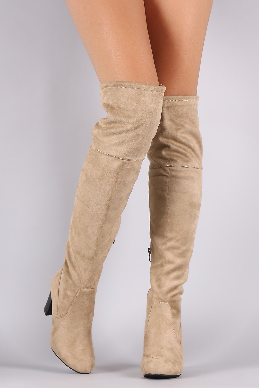 Suede Drawstring-Tie Chunky Heeled Boots