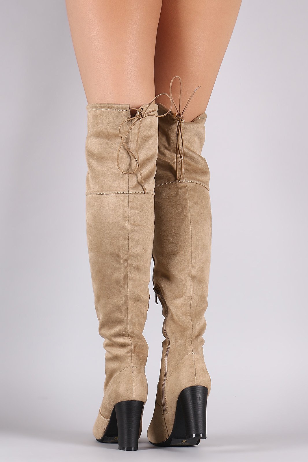 Suede Drawstring-Tie Chunky Heeled Boots