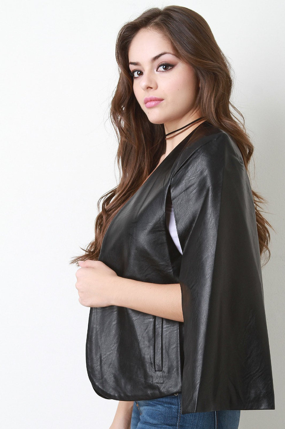 Vegan Leather Open Front Cape Blazer