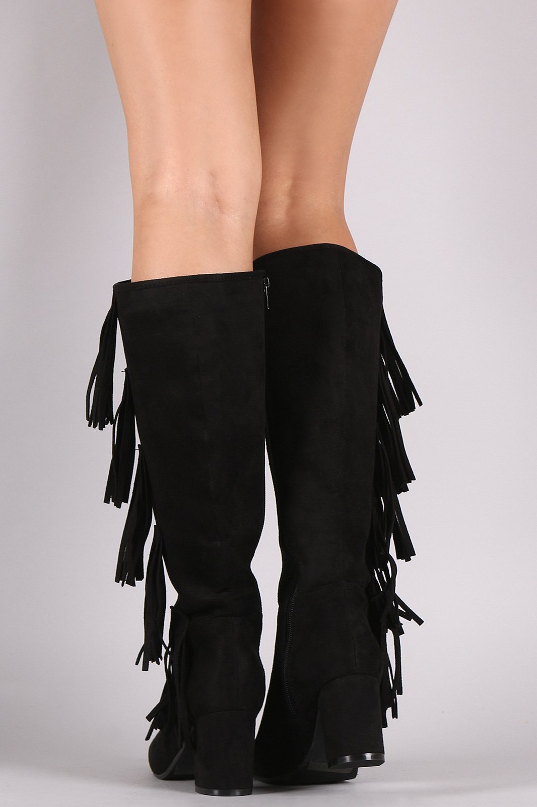 Suede Side Fringe Block Heeled Knee High Boots