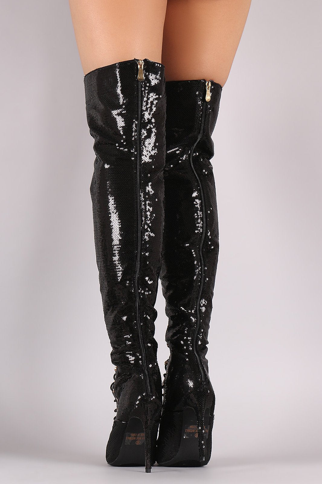 Sequin Pointy Toe Lace-Up Stiletto Over-The-Knee Boots
