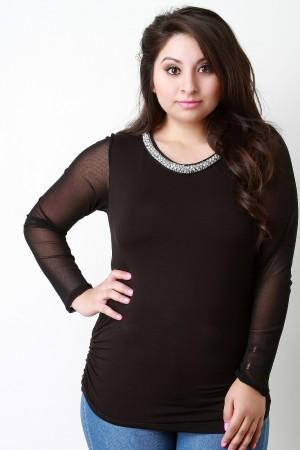 Crystals and Beads Round Neck Mesh Sleeves Top