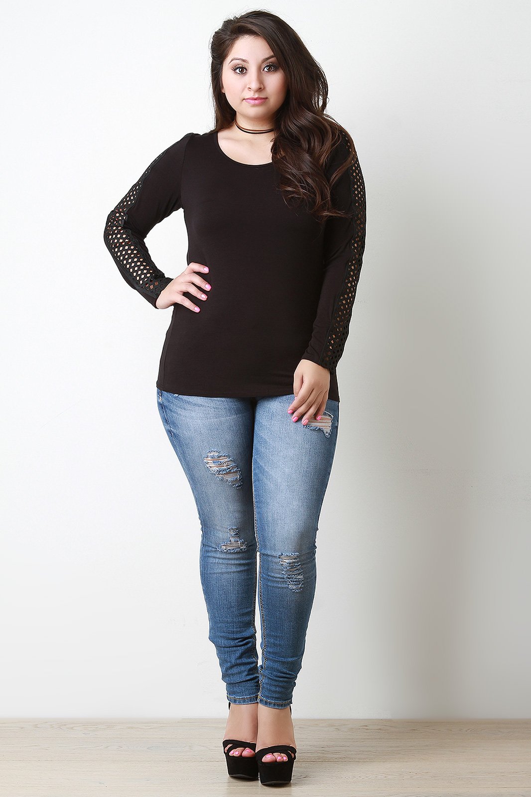 Long Sleeve Lattice Trim Top - NoveltyOne