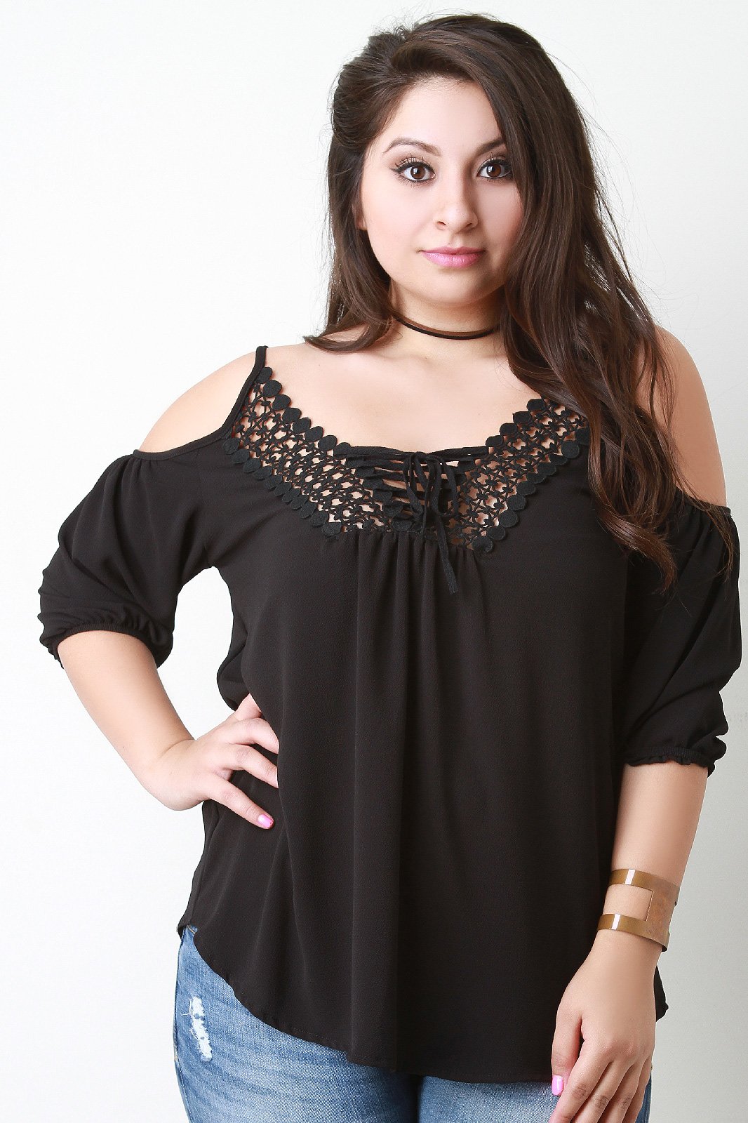 Cold Shoulder Crochet Trim Lace Up Top
