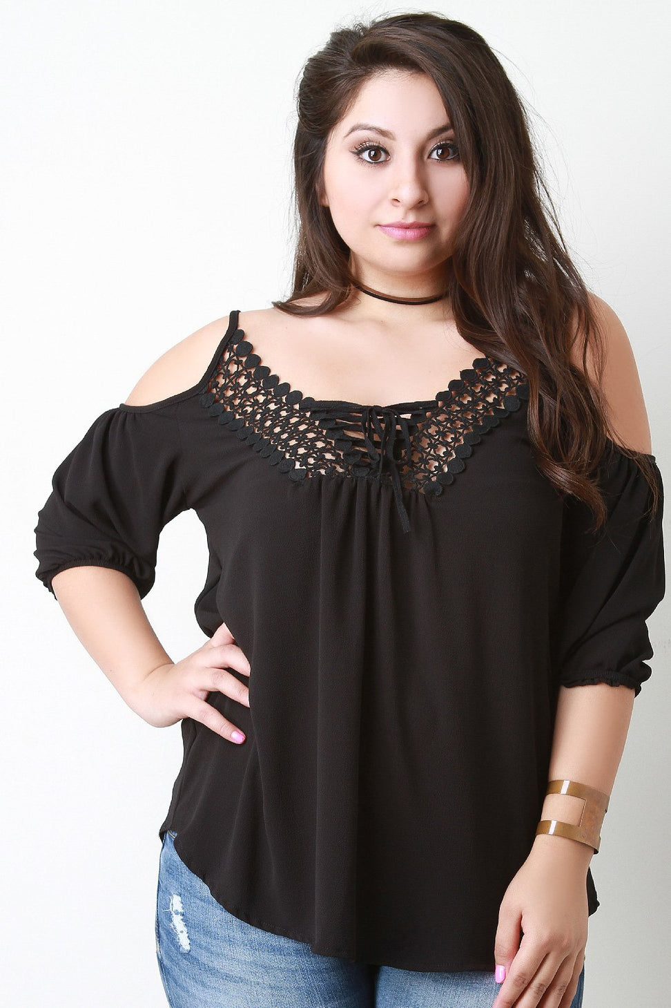 Cold Shoulder Crochet Trim Lace Up Top