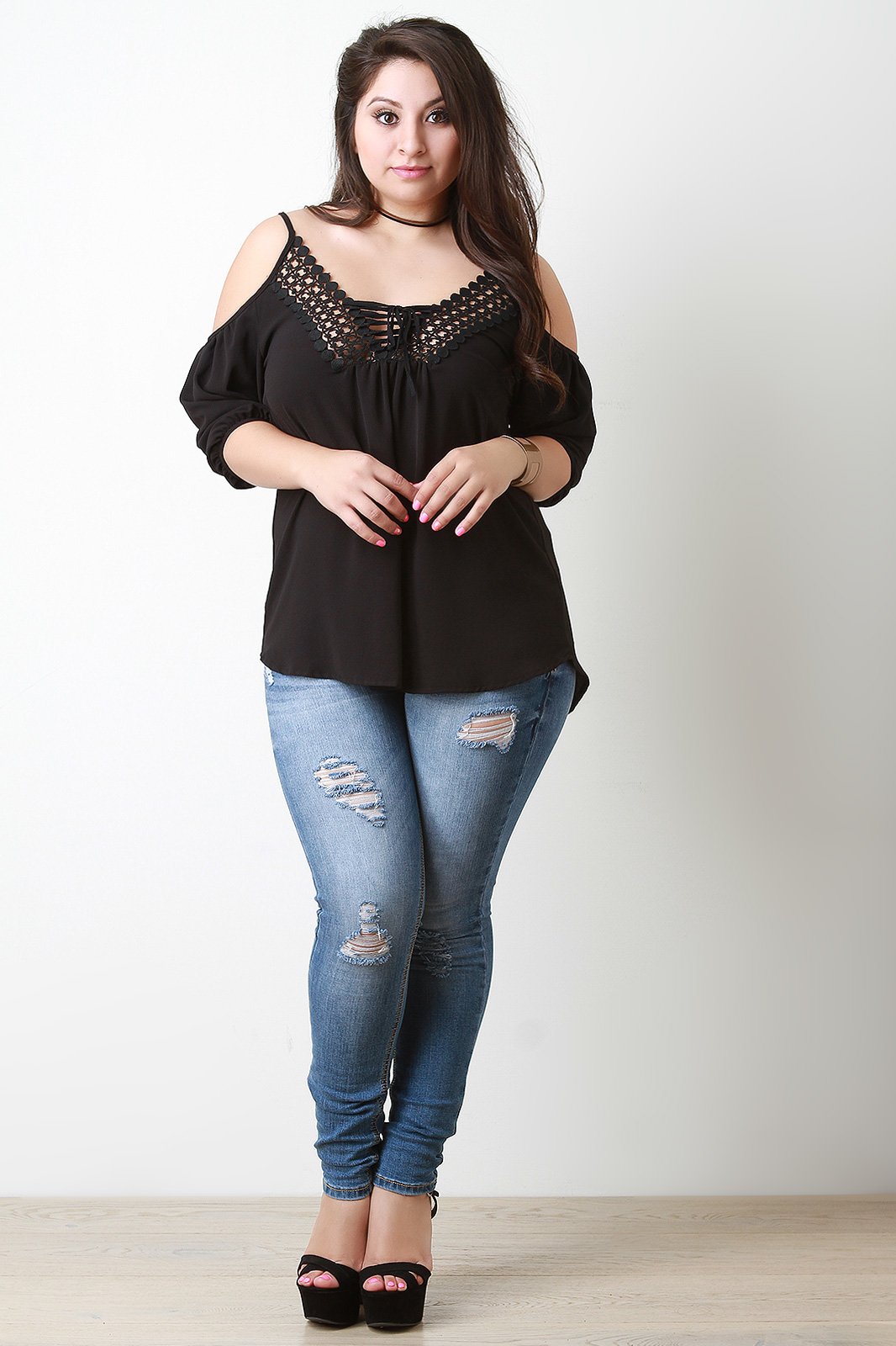Cold Shoulder Crochet Trim Lace Up Top