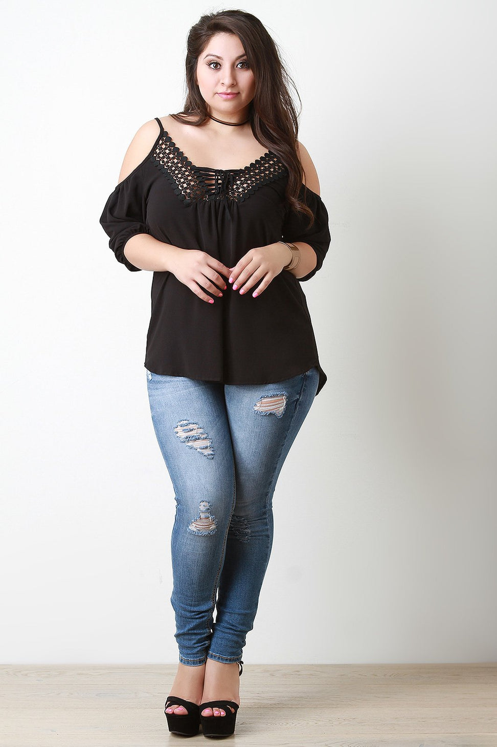 Cold Shoulder Crochet Trim Lace Up Top