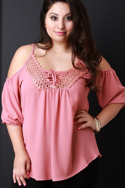 Cold Shoulder Crochet Trim Lace Up Top