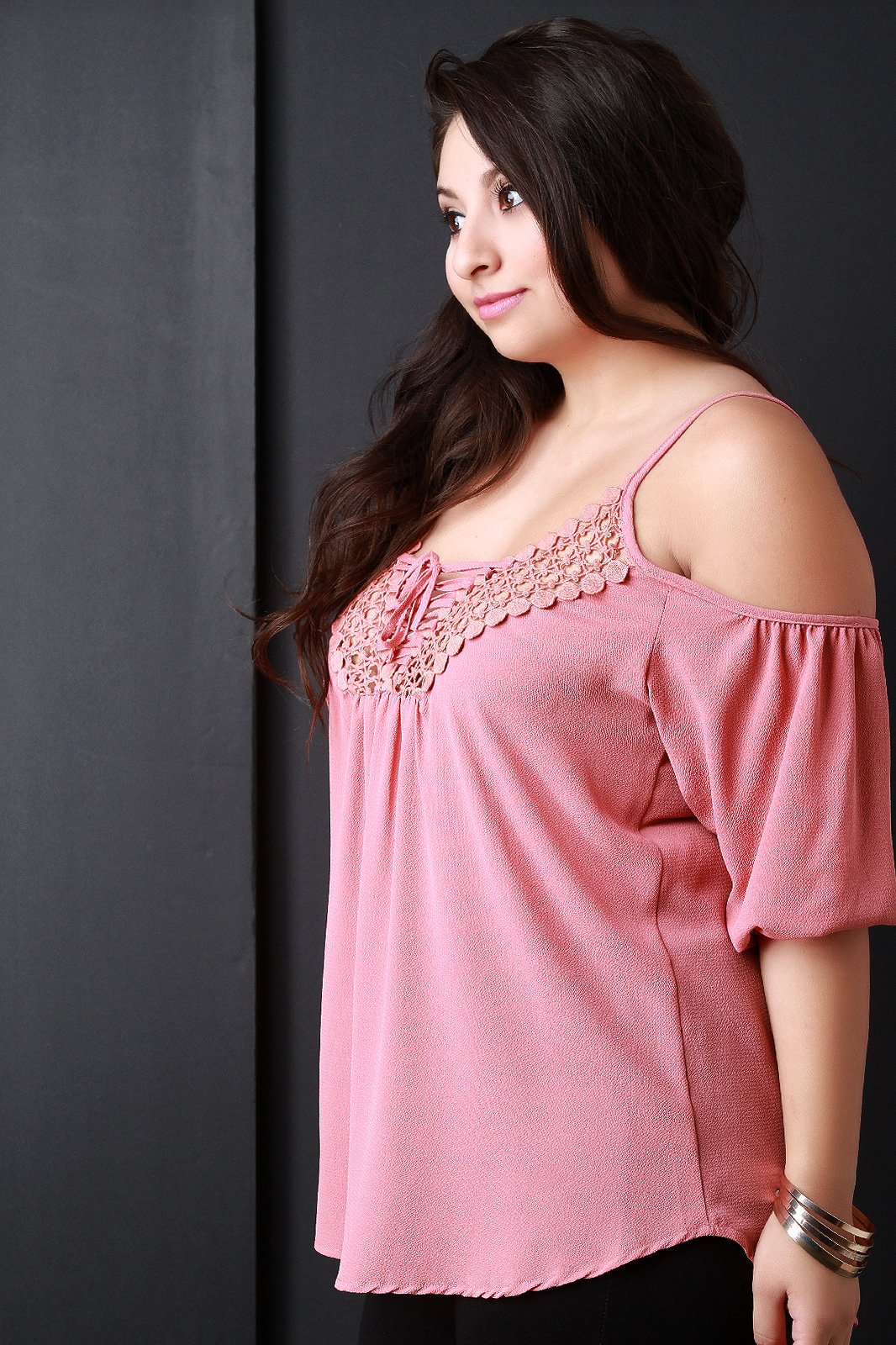 Cold Shoulder Crochet Trim Lace Up Top