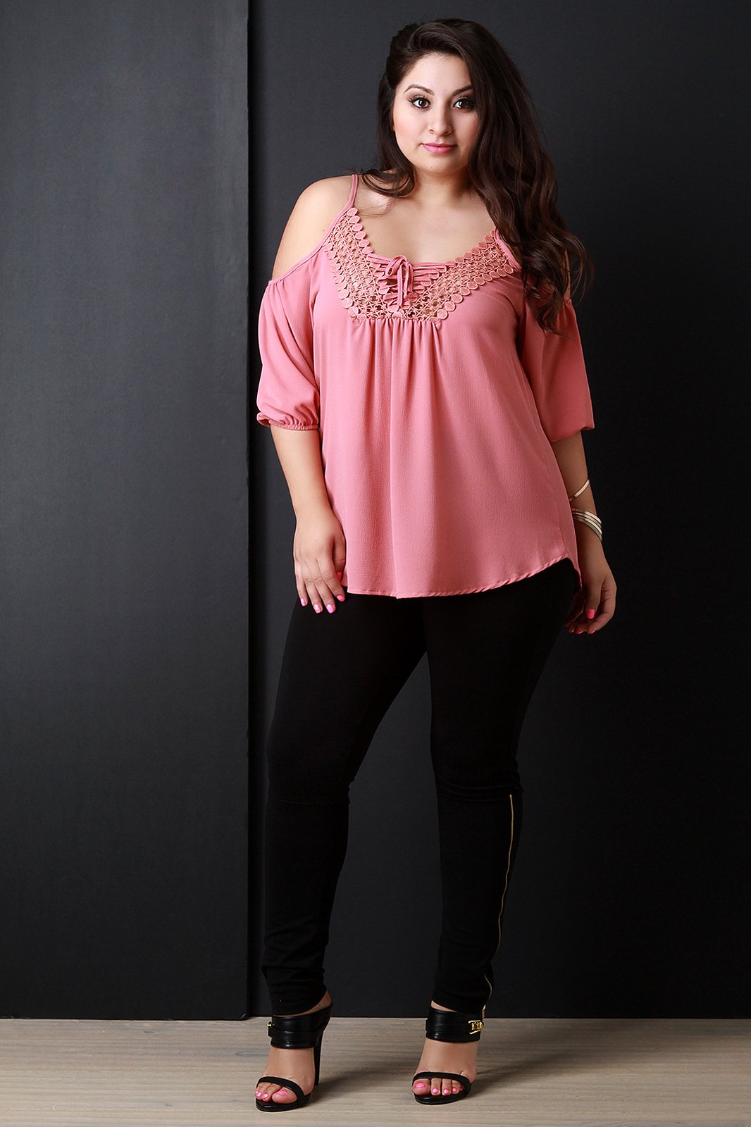 Cold Shoulder Crochet Trim Lace Up Top