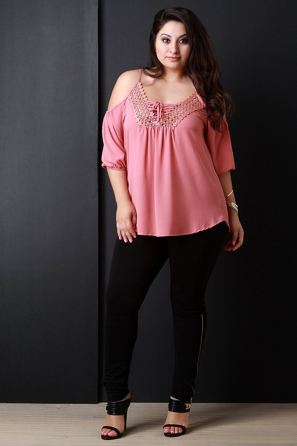 Cold Shoulder Crochet Trim Lace Up Top