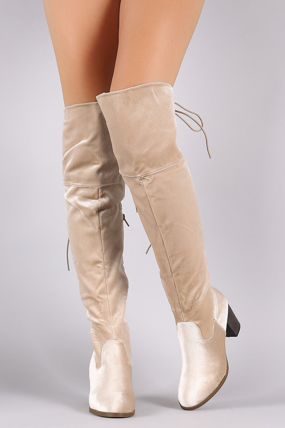 Crushed Velvet Back Lace-Up Chunky Heeled Over-The-Knee Boots
