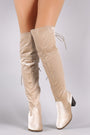 Crushed Velvet Back Lace-Up Chunky Heeled Over-The-Knee Boots