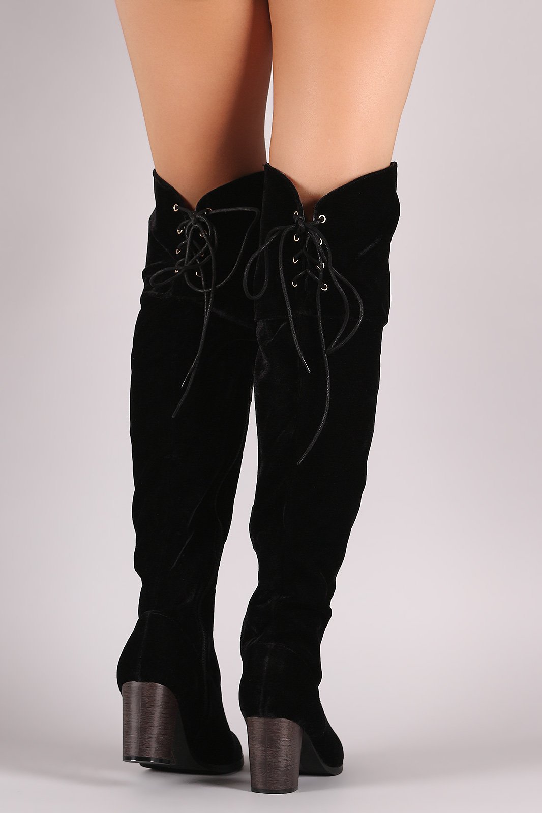 Crushed Velvet Back Lace-Up Chunky Heeled Over-The-Knee Boots