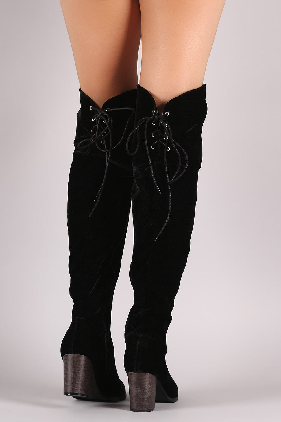 Crushed Velvet Back Lace-Up Chunky Heeled Over-The-Knee Boots