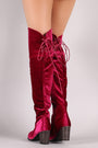 Crushed Velvet Back Lace-Up Chunky Heeled Over-The-Knee Boots
