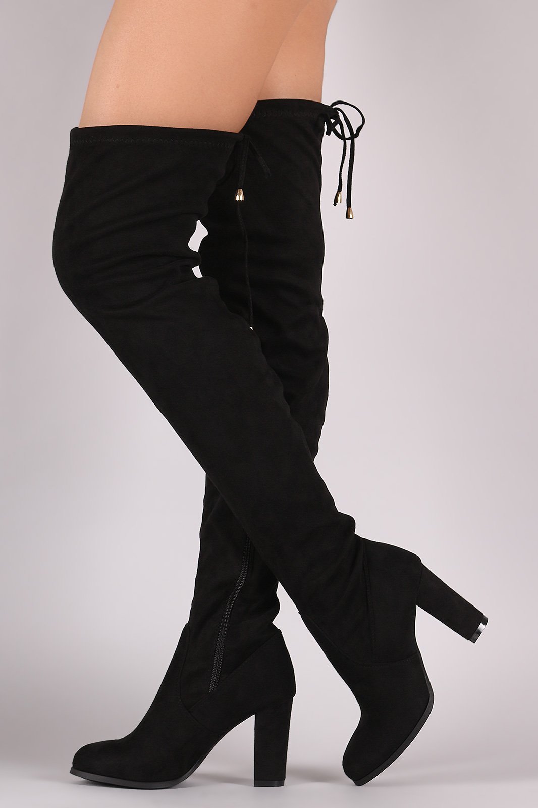 Suede Drawstring Fitted OTK Chunky Heel Boots