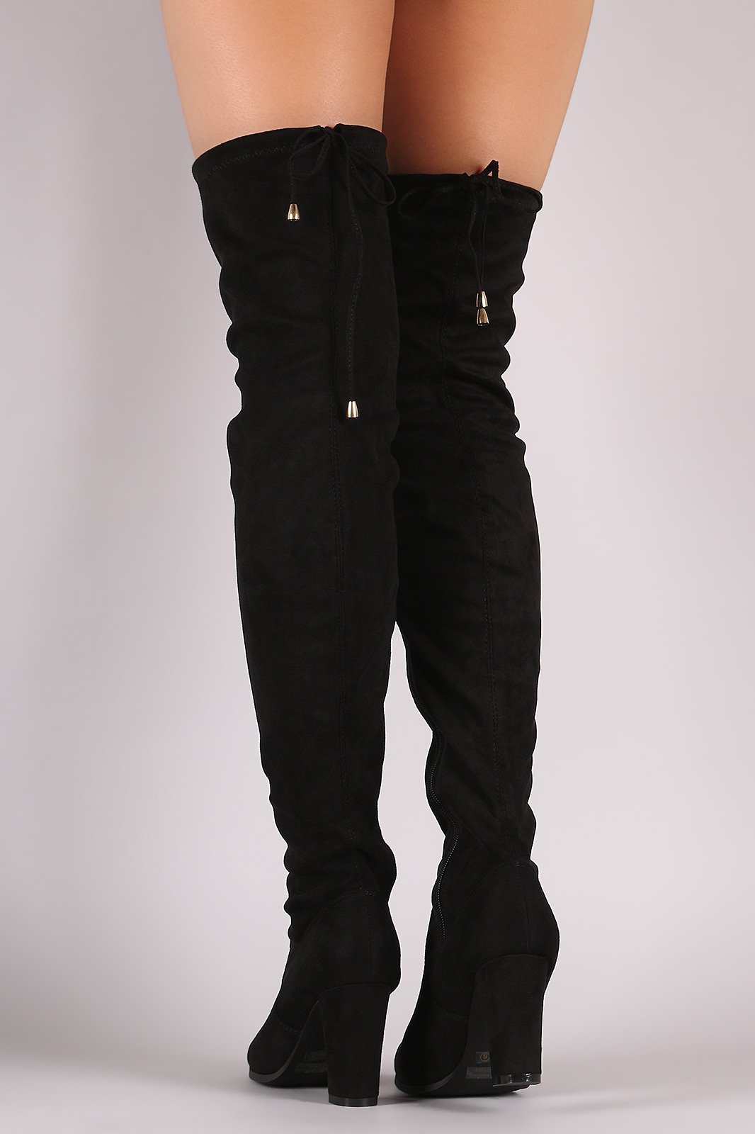 Suede Drawstring Fitted OTK Chunky Heel Boots