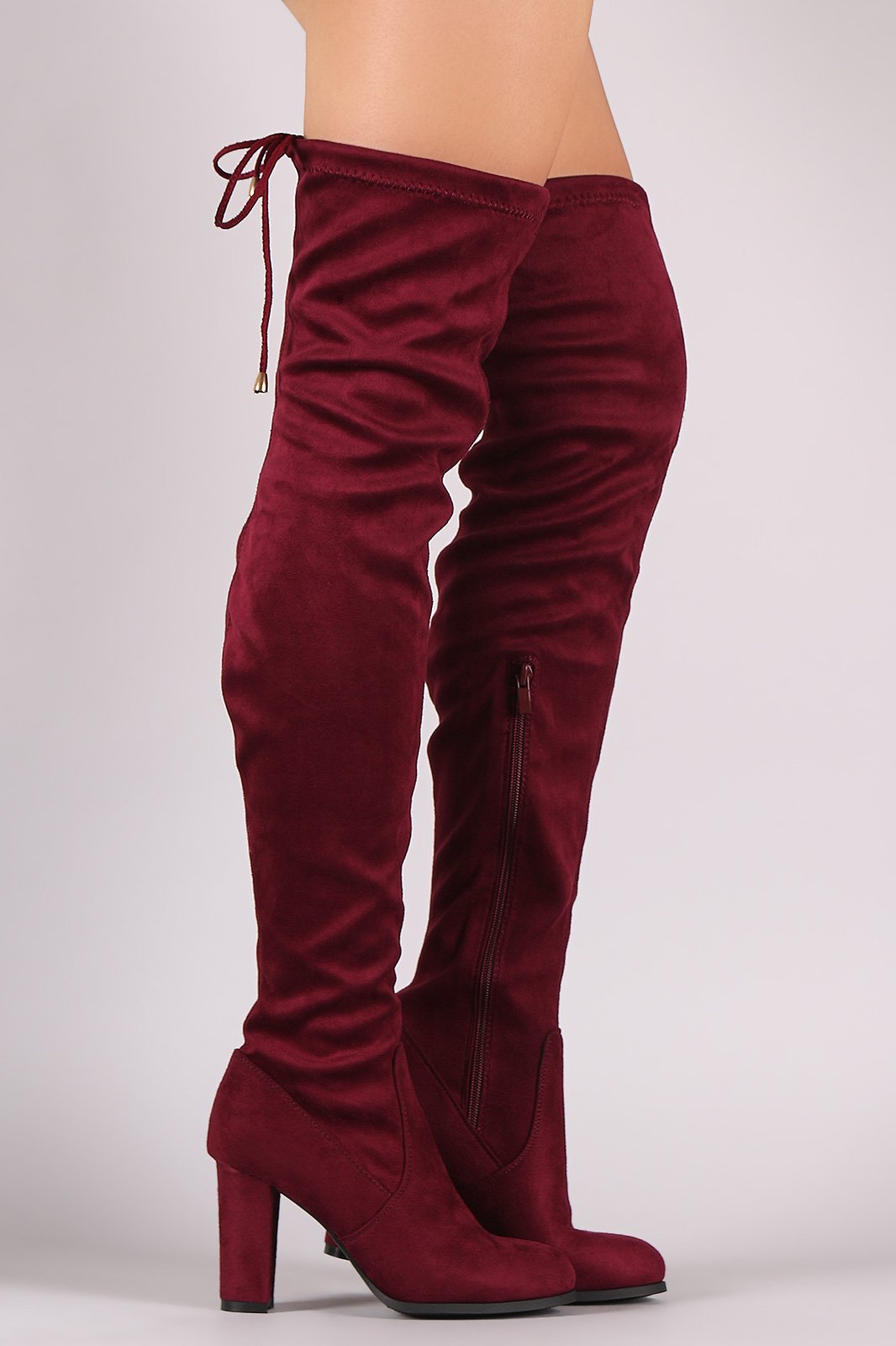 Suede Drawstring Fitted OTK Chunky Heel Boots