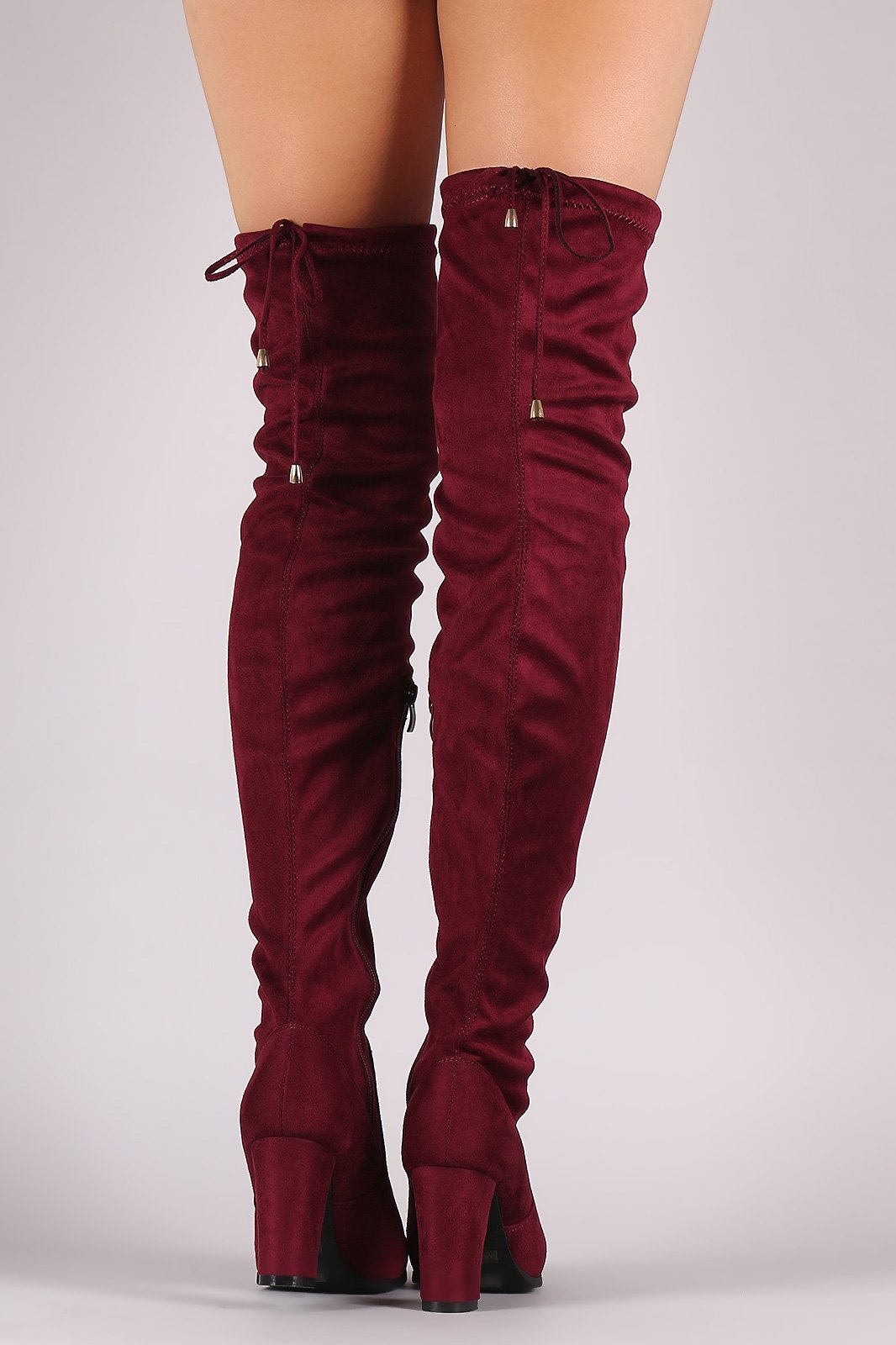 Suede Drawstring Fitted OTK Chunky Heel Boots