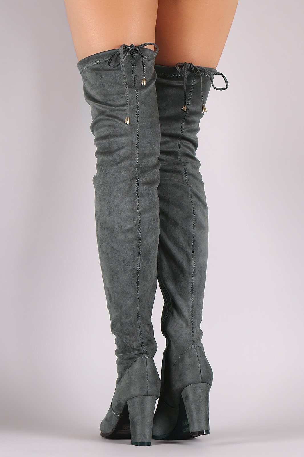 Suede Drawstring Fitted OTK Chunky Heel Boots