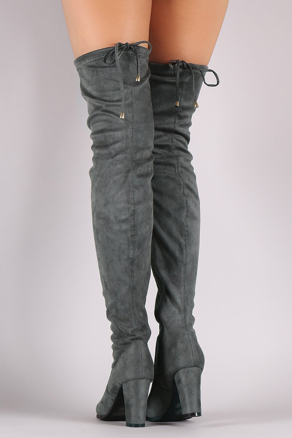 Suede Drawstring Fitted OTK Chunky Heel Boots