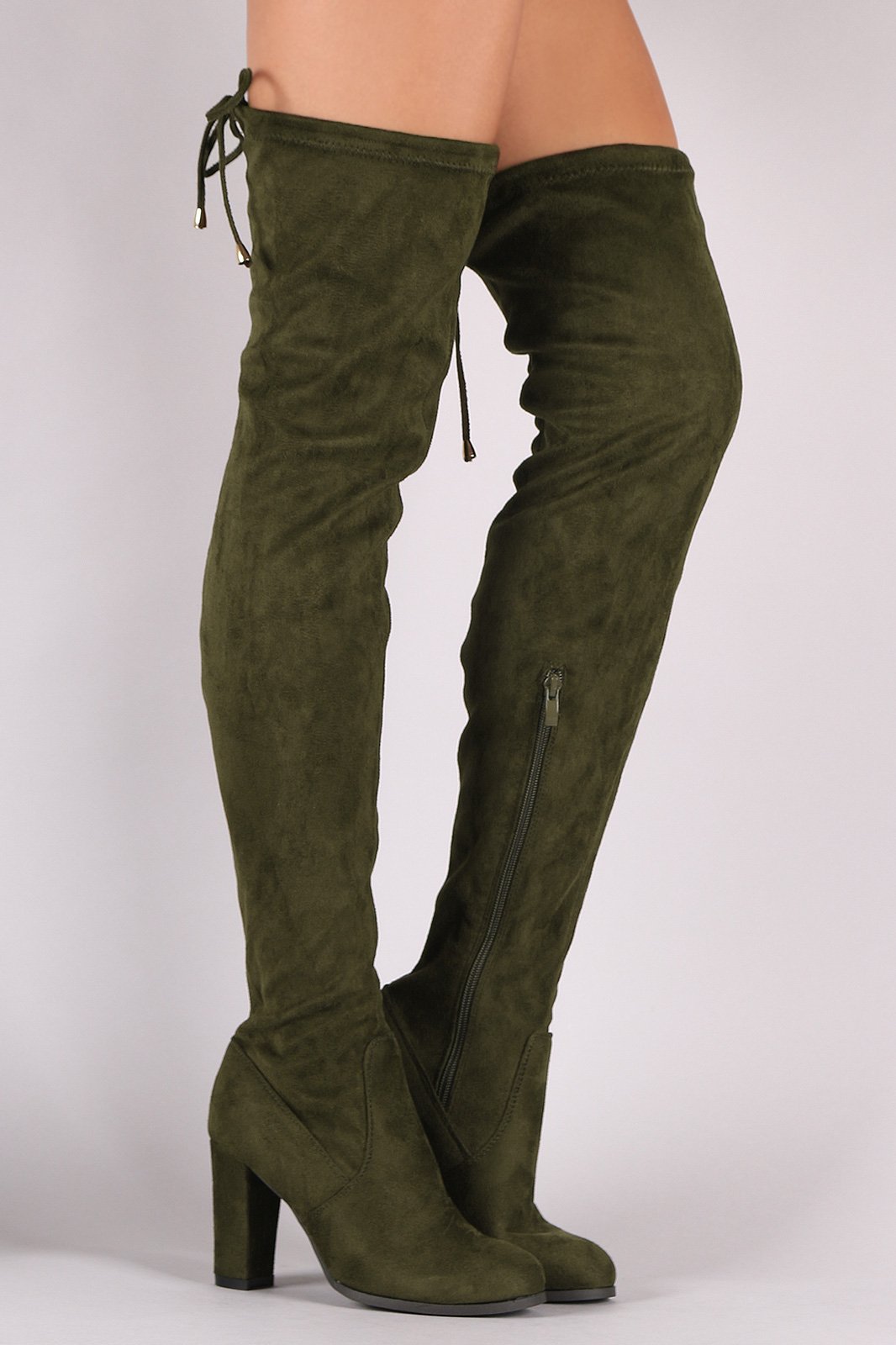 Suede Drawstring Fitted OTK Chunky Heel Boots