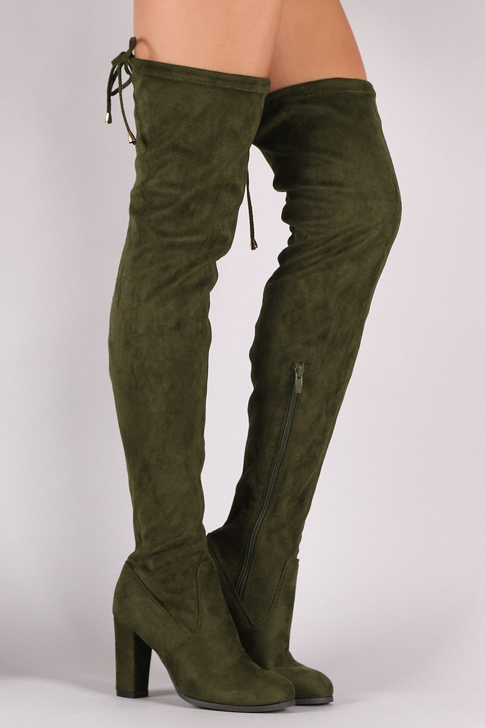 Suede Drawstring Fitted OTK Chunky Heel Boots