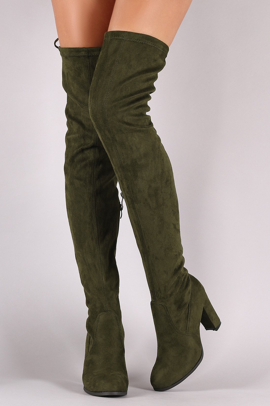 Suede Drawstring Fitted OTK Chunky Heel Boots