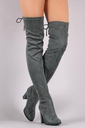 Suede Drawstring Fitted OTK Chunky Heel Boots