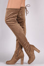 Suede Drawstring Fitted OTK Chunky Heel Boots