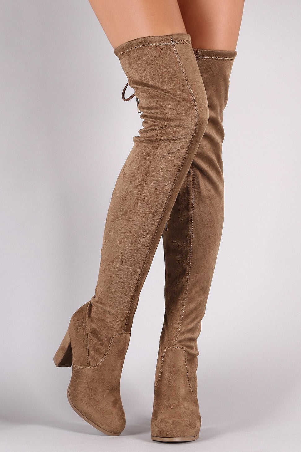 Suede Drawstring Fitted OTK Chunky Heel Boots