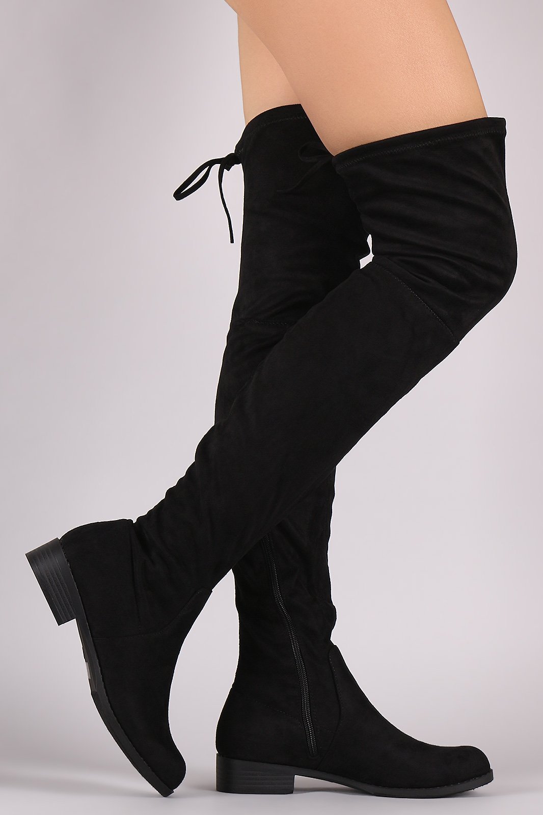 Suede Drawstring-Tie Block Heeled Riding Boots