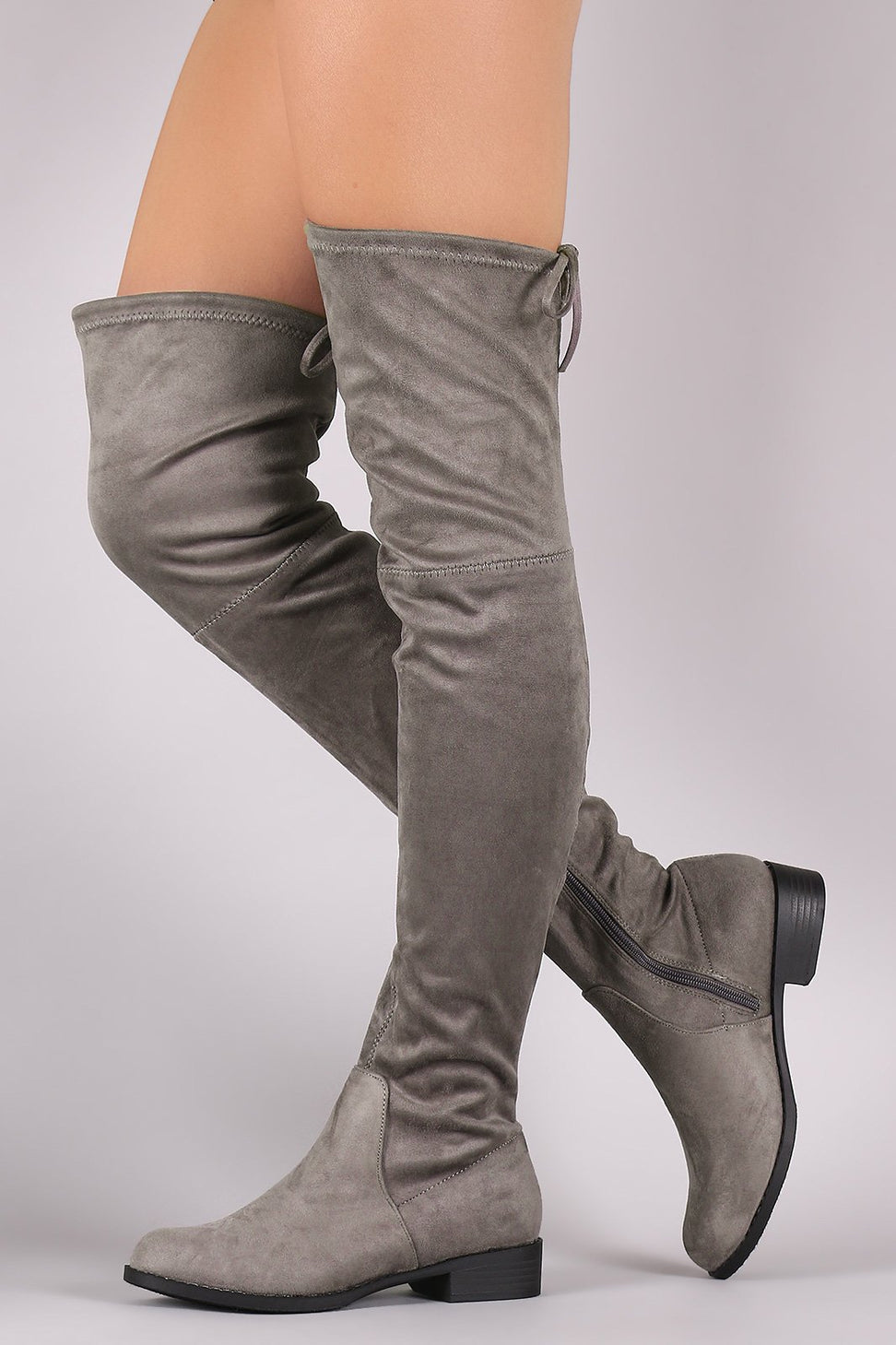 Suede Drawstring-Tie Block Heeled Riding Boots