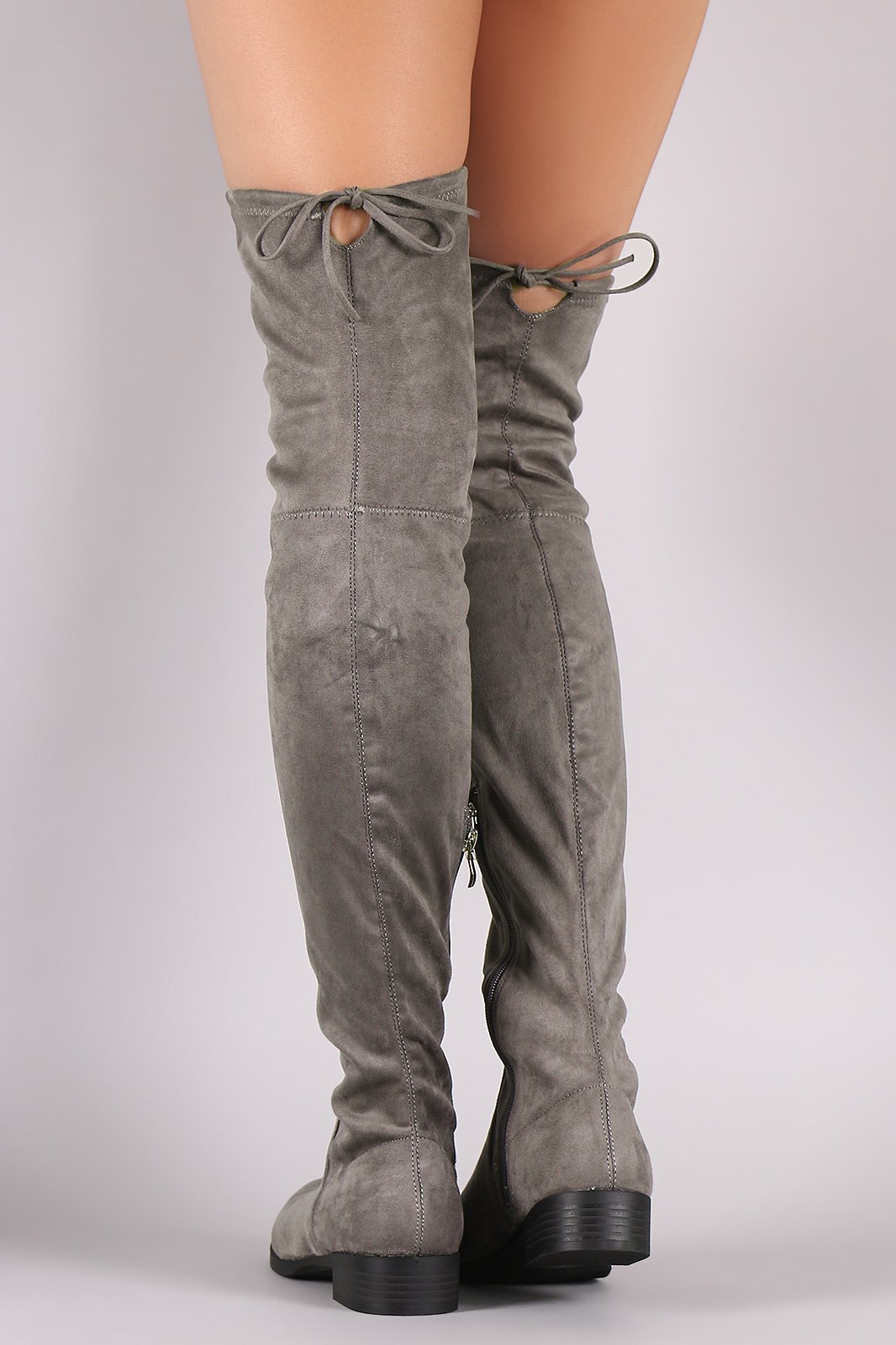 Suede Drawstring-Tie Block Heeled Riding Boots