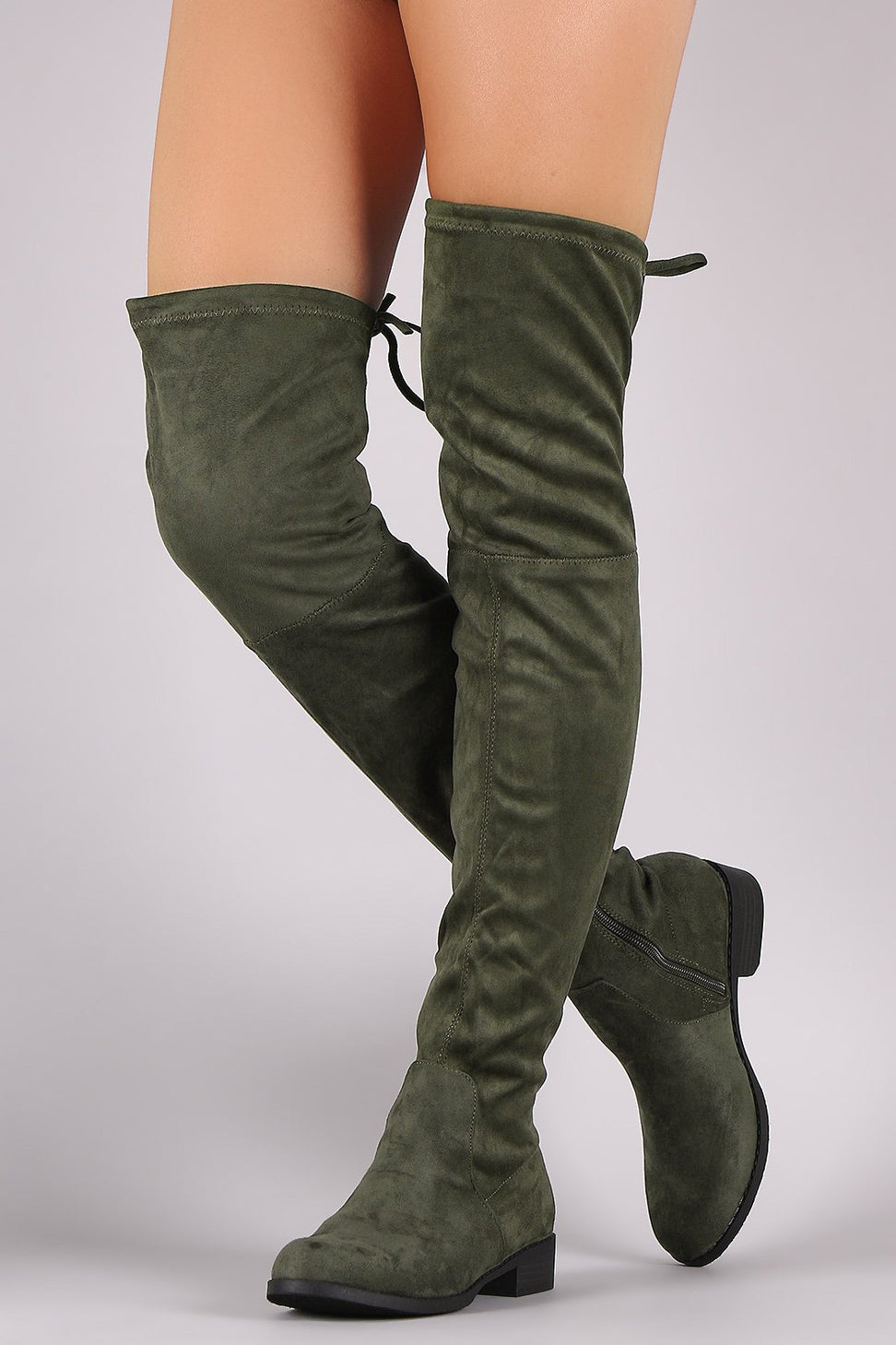 Suede Drawstring-Tie Block Heeled Riding Boots
