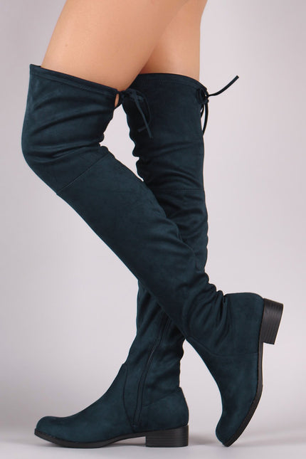 Suede Drawstring-Tie Block Heeled Riding Boots