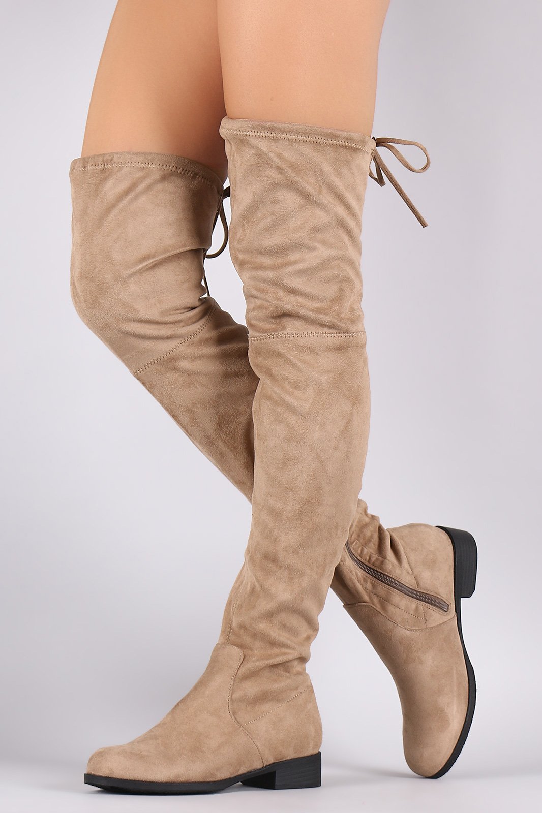 Suede Drawstring-Tie Block Heeled Riding Boots
