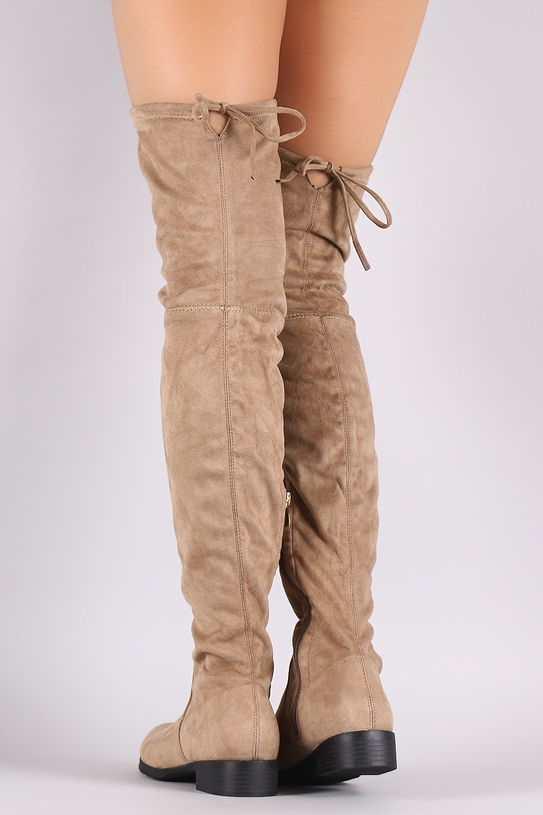 Suede Drawstring-Tie Block Heeled Riding Boots