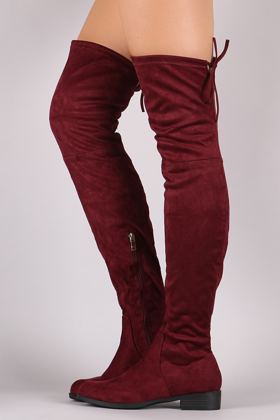 Suede Drawstring-Tie Block Heeled Riding Boots
