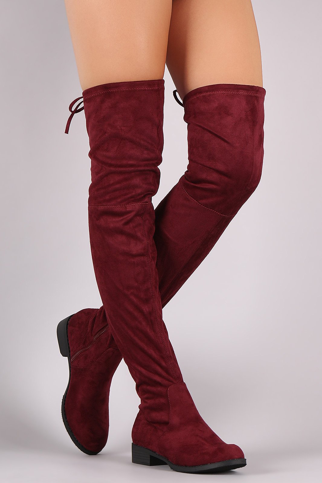 Suede Drawstring-Tie Block Heeled Riding Boots