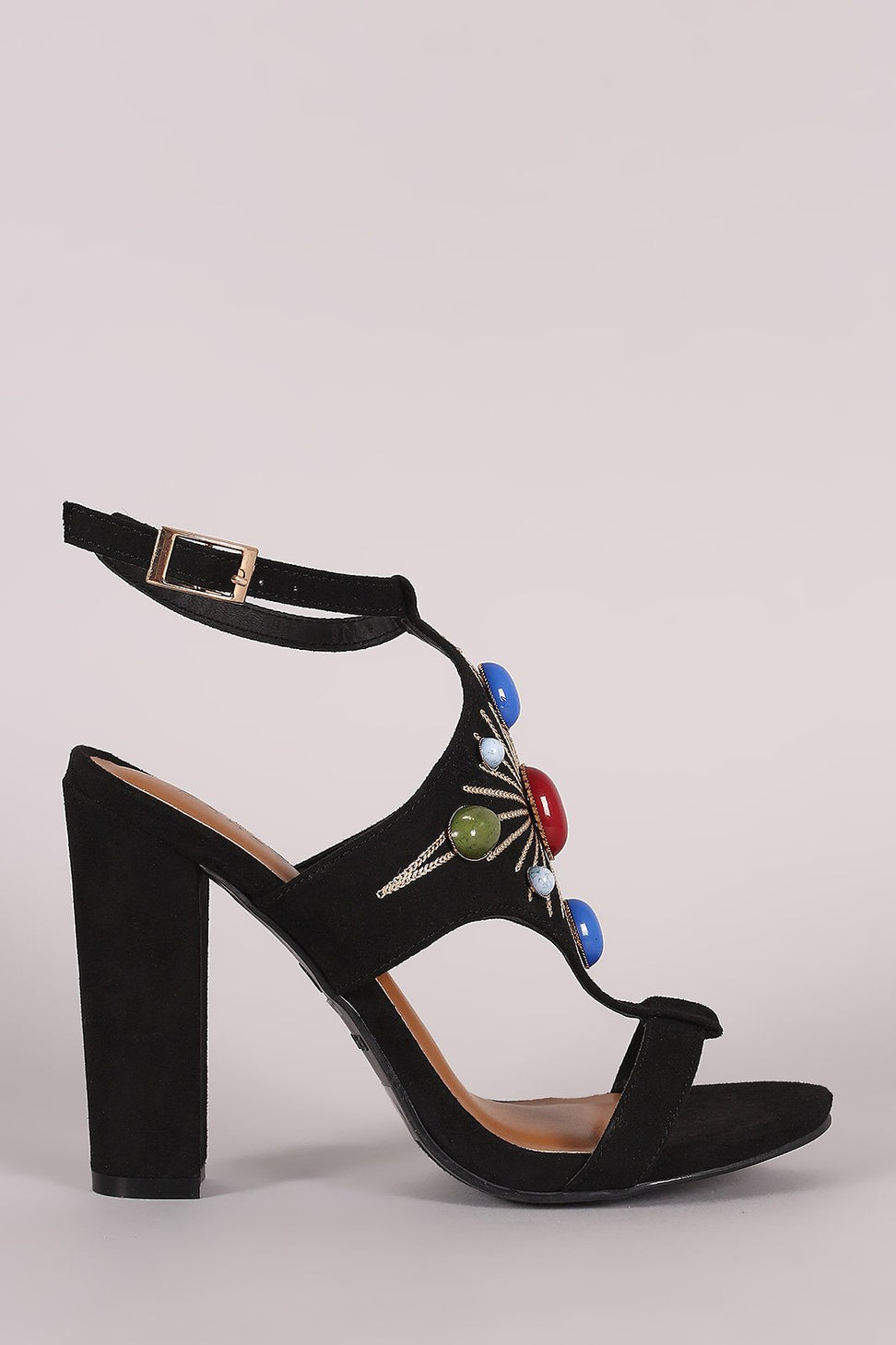 Bamboo Suede Stone Embellished Shield Chunky Heel