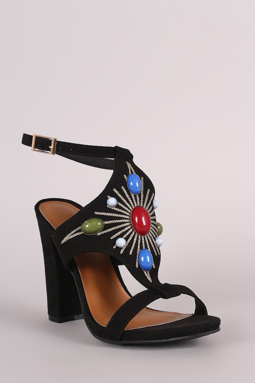 Bamboo Suede Stone Embellished Shield Chunky Heel