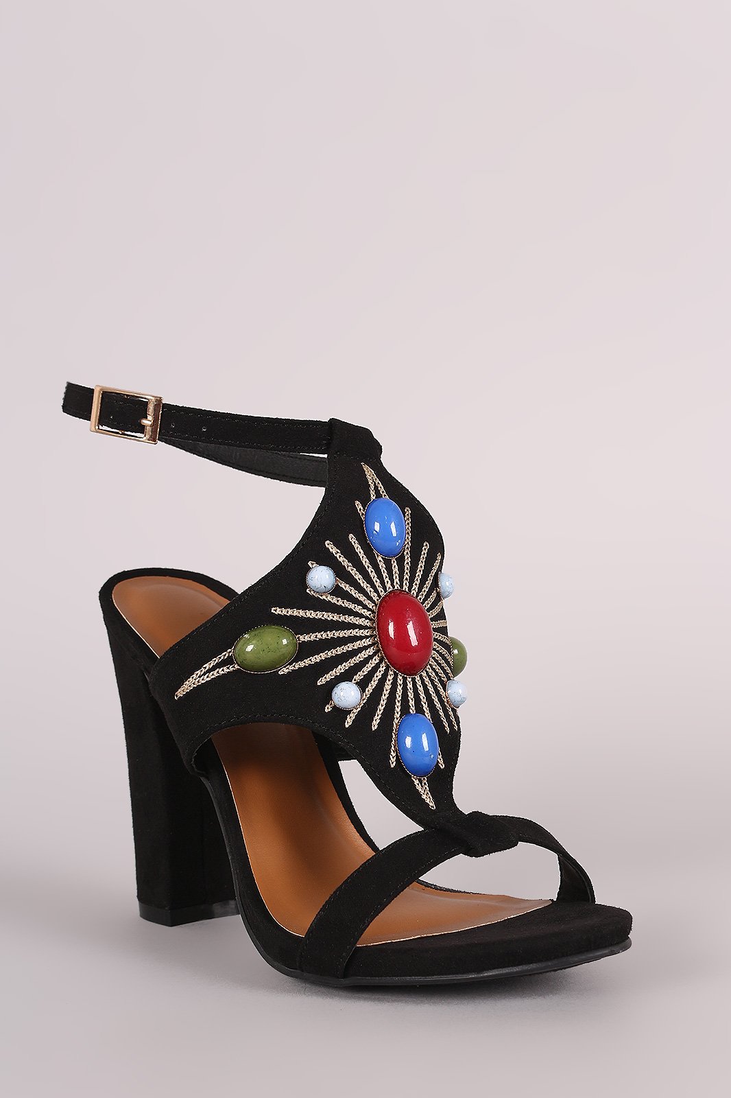 Bamboo Suede Stone Embellished Shield Chunky Heel