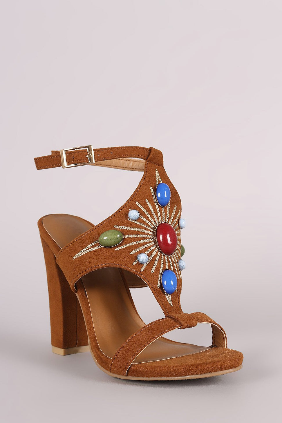 Bamboo Suede Stone Embellished Shield Chunky Heel