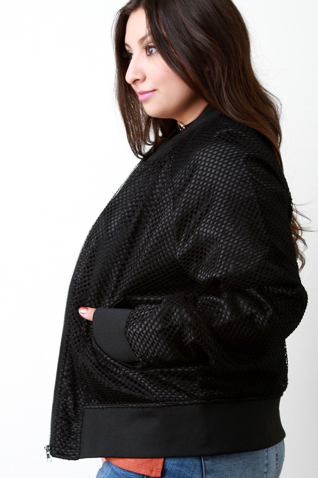 Fishnet Mesh Pocketed Zip-Up Bomber Jacket - NoveltyOne