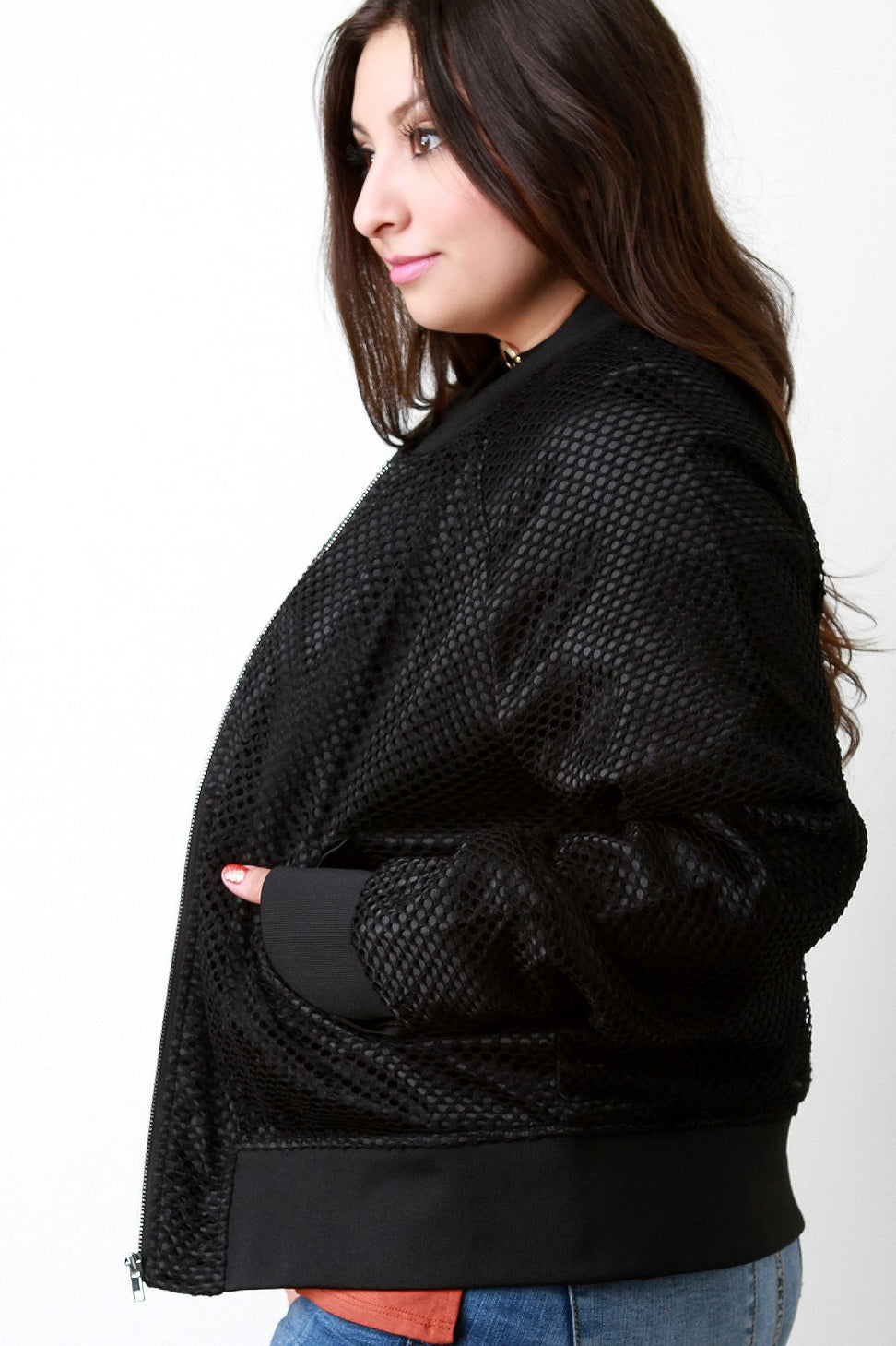 Fishnet Mesh Pocketed Zip-Up Bomber Jacket - NoveltyOne