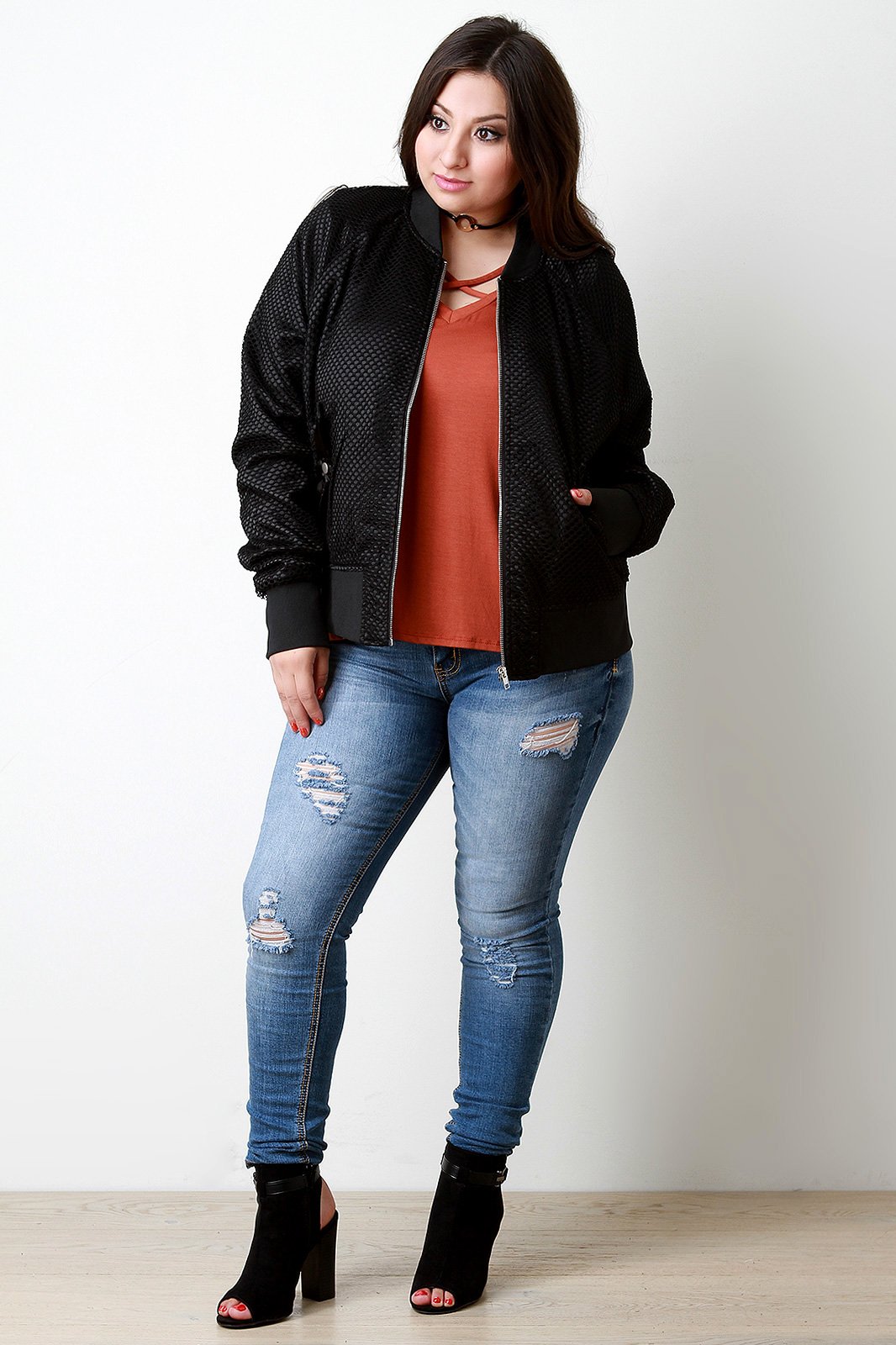 Fishnet Mesh Pocketed Zip-Up Bomber Jacket - NoveltyOne