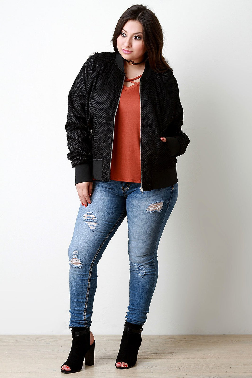 Fishnet Mesh Pocketed Zip-Up Bomber Jacket - NoveltyOne