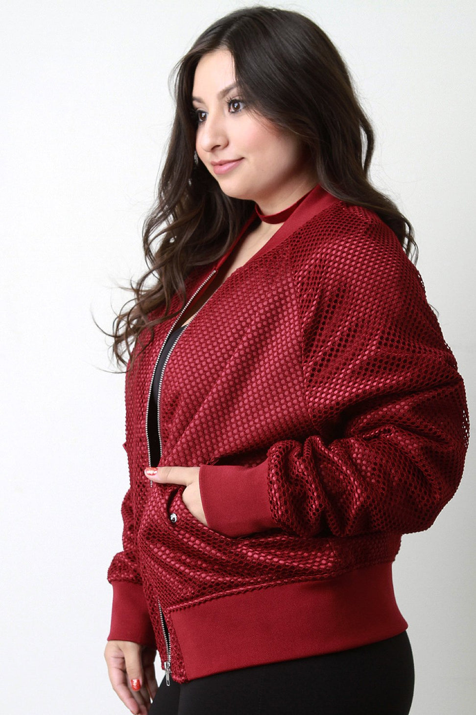 Fishnet Mesh Pocketed Zip-Up Bomber Jacket - NoveltyOne